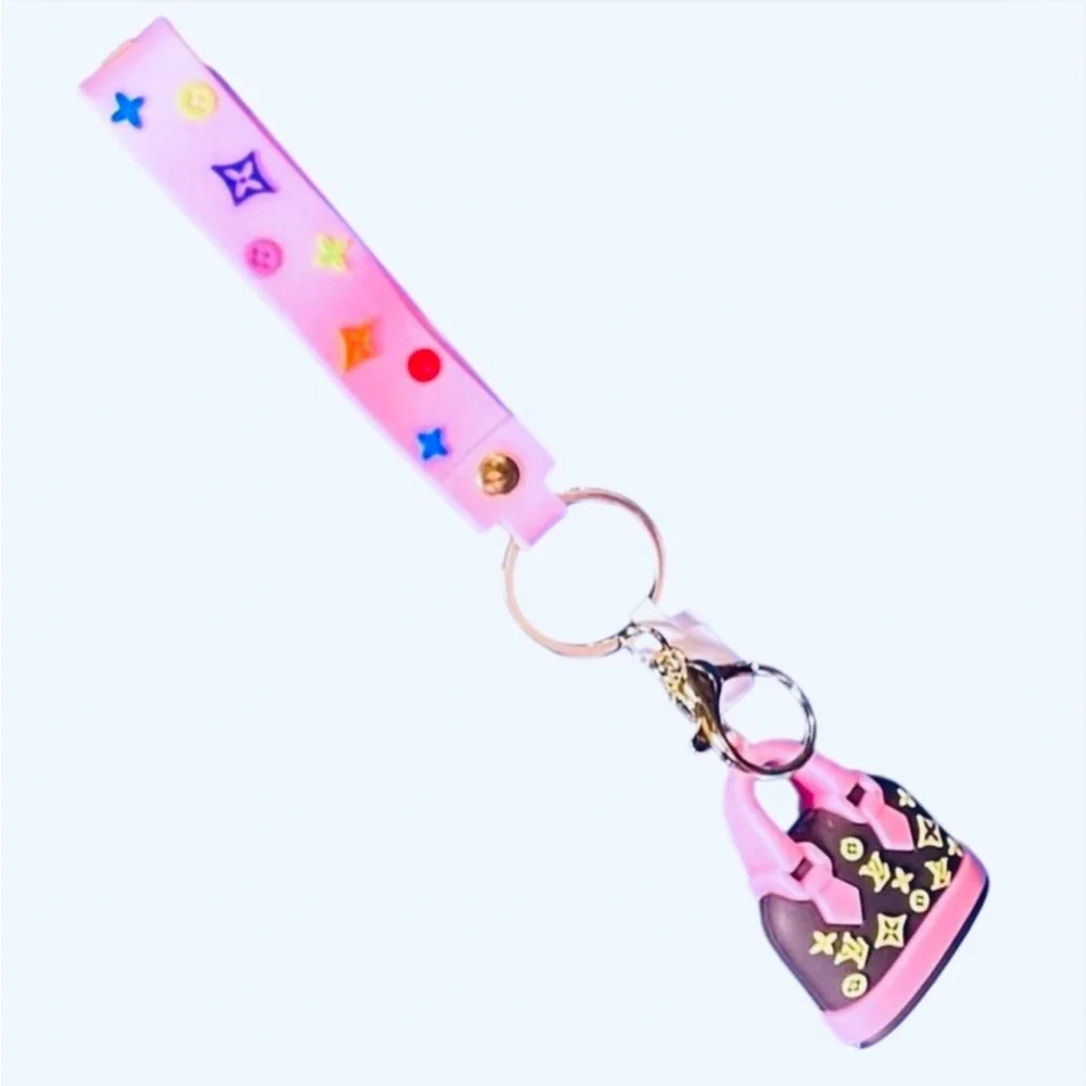 BAG CHARM/KEYCHAIN: Chocolate Brown and Pink Purse w/Wristlet, Custom. EUC